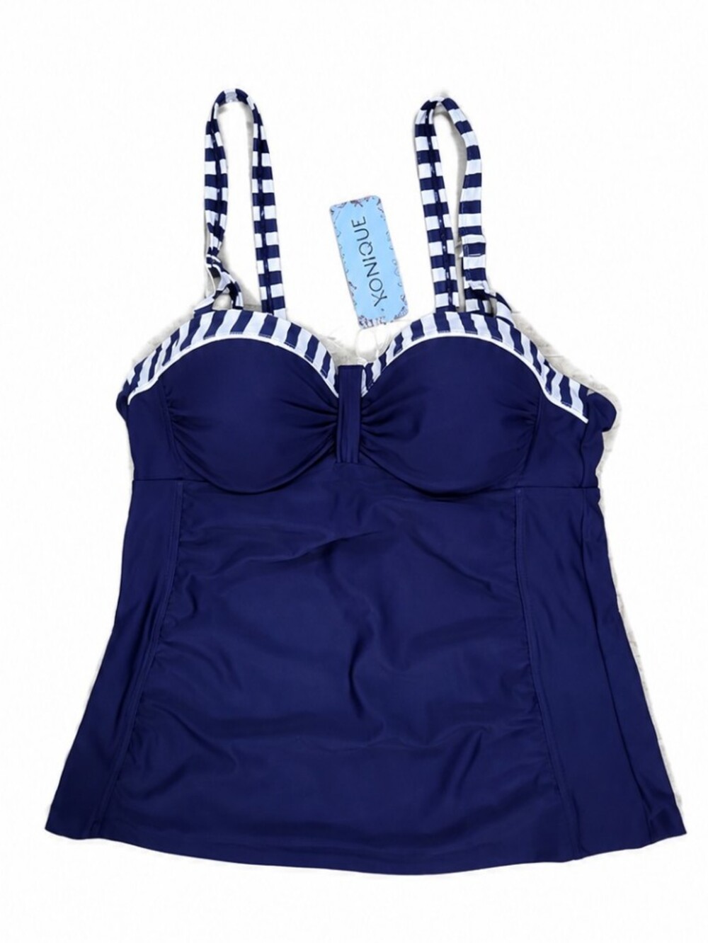 Navy Swim Top with White Striped Trim